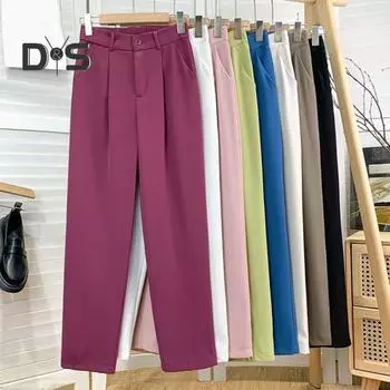 Женские брюки, прямые широкие брюки, длинные костюмные брюки с карманами, эластичный пояс, пуговицы, молния, летние шелковые брюки для костюма XL вино красного
