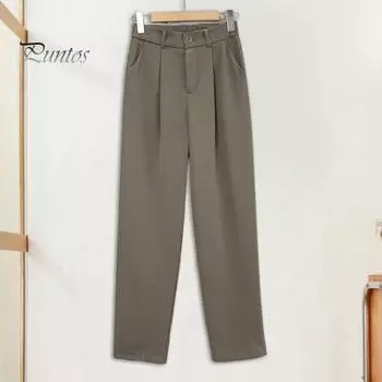 Женские брюки, прямые широкие брюки, длинные костюмные брюки с карманами, эластичный пояс, пуговицы, молния, летние шелковые брюки для костюма XL вино красного