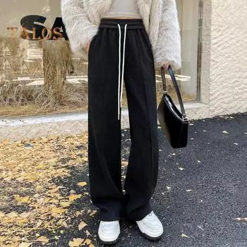 Женские брюки, прямые, широкие, с завязками на резинке, повседневные брюки с карманами, однотонные длинные брюки M кофейный