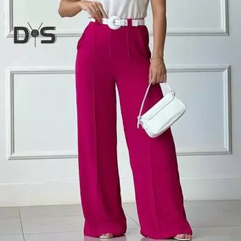 Женские брюки, прямые, широкие, свободные, однотонные, с высокой талией, полуэластичной резинкой на талии, в деловом стиле, женские длинные брюки M хаки