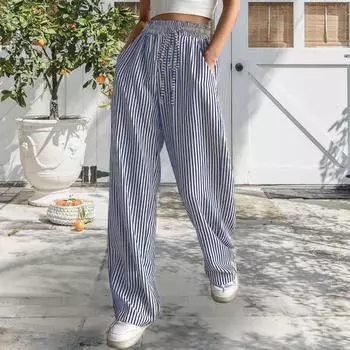 Женские брюки, регулируемые по талии, с эластичной резинкой на шнурке, длинные брюки средней посадки с карманами, широкие повседневные брюки с полосатым принтом S чёрный