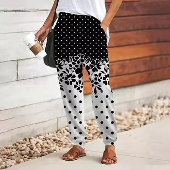 Женские брюки с 3D-принтом в горошек и цветочным принтом, свободные брюки со шнуровкой и эластичным поясом, повседневные длинные брюки с карманами XS фиолетовый