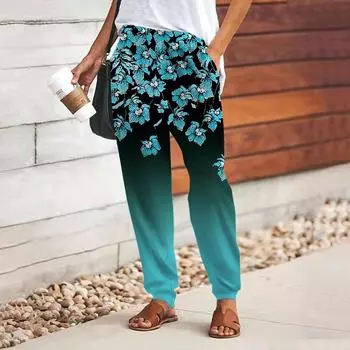 Женские брюки с 3D-принтом в виде синего кристалла и цветка, свободные брюки со шнуровкой и эластичным поясом, повседневные длинные брюки с карманами XS темно-синий