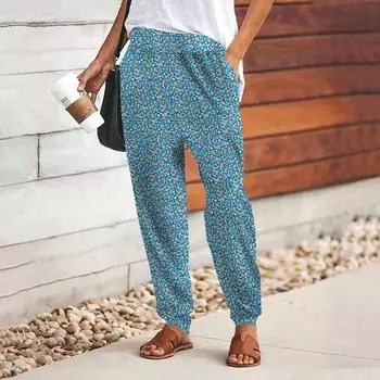 Женские брюки с 3D-принтом в виде синих цветочных фрагментов, свободные брюки со шнуровкой и эластичным поясом, повседневные длинные брюки с карманами XS синий