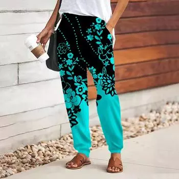 Женские брюки с 3D-принтом в виде цветка синего жемчуга, свободные брюки со шнуровкой и эластичным поясом, повседневные длинные брюки с карманами XS темно-синий