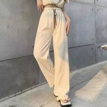Женские брюки с эластичной резинкой и высокой талией, регулируемые длинные брюки с завязками, однотонные прямые широкие повседневные брюки для повседневной носки серый