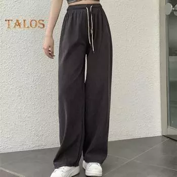 Женские брюки с эластичной резинкой и высокой талией, регулируемые длинные брюки с завязками, однотонные прямые широкие повседневные брюки для повседневной носки хаки