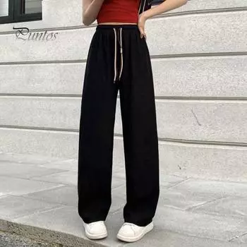 Женские брюки с эластичной резинкой и высокой талией, регулируемые длинные брюки с завязками, однотонные прямые широкие повседневные брюки для повседневной носки кофейный