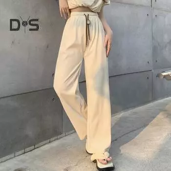Женские брюки с эластичной резинкой и высокой талией, регулируемые длинные брюки с завязками, однотонные прямые широкие повседневные брюки для повседневной носки бежевый