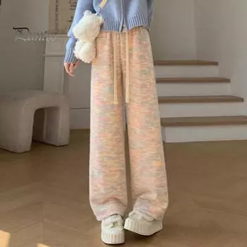 Женские брюки с эластичной резинкой и высокой талией, регулируемые широкие длинные брюки радужного цвета, свободные повседневные брюки оранжевый