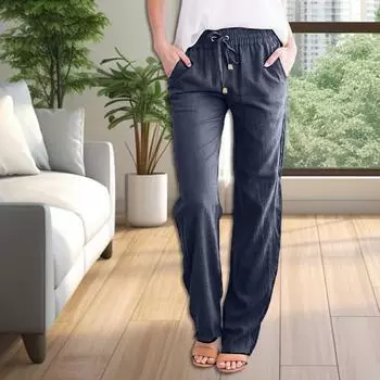 Женские брюки с эластичной резинкой на талии и регулируемыми завязками, повседневные брюки с карманами, однотонные прямые широкие брюки для отдыха S абрикосовый