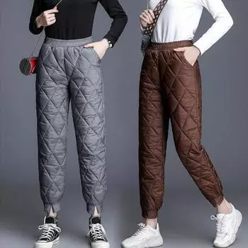 Женские брюки с эластичной резинкой на талии, теплые брюки-шаровары, длинные брюки с высокой талией M чёрный