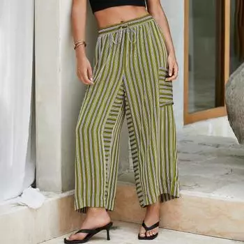 Женские брюки с эластичной талией и завязками на талии, широкие повседневные летние брюки с карманами, полосатые длинные брюки для повседневной носки в дорогу S армия зеленый