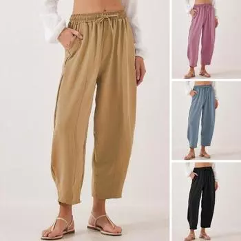 Женские брюки с эластичной талией, однотонные повседневные брюки в стиле шаровары с карманами, свободные брюки-джоггеры XL розовый/фиолетовый