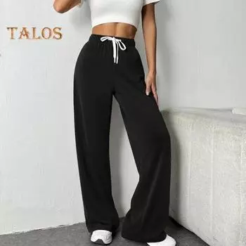 Женские брюки с эластичной высокой талией, регулируемые на шнурке, прямые широкие брюки с карманами, однотонные повседневные брюки XL серый