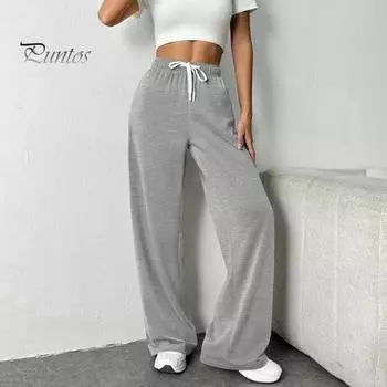 Женские брюки с эластичной высокой талией, регулируемые на шнурке, прямые широкие брюки с карманами, однотонные повседневные брюки M коричневый