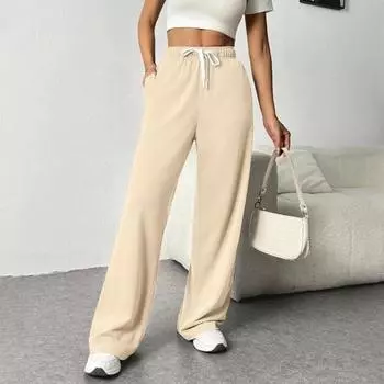 Женские брюки с эластичной высокой талией, регулируемые на шнурке, прямые широкие брюки с карманами, однотонные повседневные брюки S темно-синий
