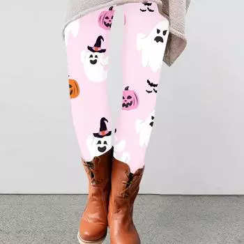 Женские брюки с эластичным мягким низом и принтом Хэллоуина, повседневные домашние спальные брюки розовый