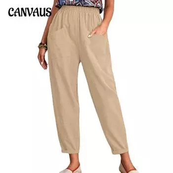 Женские брюки с эластичным поясом, повседневные брюки с карманами, брюки больших размеров S хаки