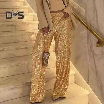 Женские брюки с блестками, элегантные модные свободные прямые брюки с высокой талией для вечеринок, повседневная одежда M чёрный