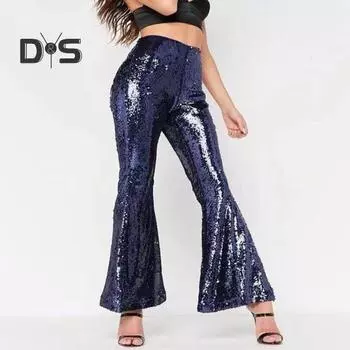 Женские брюки с блестящими блестками, прозрачные, эластичные, с высокой талией, тонкие, свободные, с расклешенным подолом, однотонные, во всю длину, мягкие, дышащие, для вечеринок в ночном клубе. S чёрный