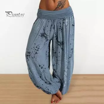 Женские брюки с цифровым принтом, свободные с глубокой промежностью и низкой талией, однотонные плиссированные ретро спортивные штаны-шаровары для йоги, повседневные длинные брюки M хаки
