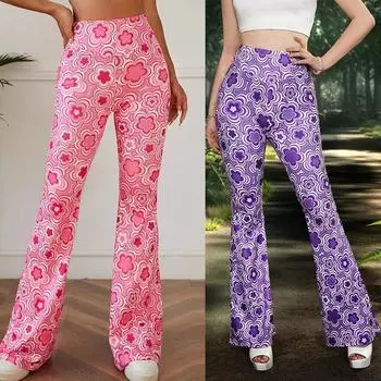 Женские брюки с цветочным принтом и высокой талией, повседневные свободные расклешенные широкие брюки, прямые брюки S розовый
