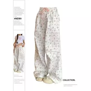 Женские брюки с цветочным принтом Y2k, модные мешковатые брюки с высокой талией 2000-х годов, широкие брюки в стиле Харадзюку, эстетичная модная одежда 90-х годов, новинка S белый