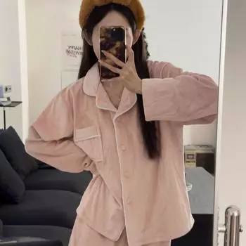 Женские брюки с длинным рукавом, бархатная пижама, пижама для сна, розовая, серая, для спальни, домашняя одежда, женская пижама M розовый