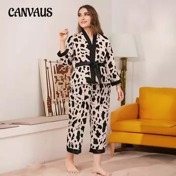 Женские брюки с длинным рукавом и леопардовым принтом больших размеров, домашняя одежда, пижамный комплект с принтом на весну и осень 1XL цветной печати леопарда
