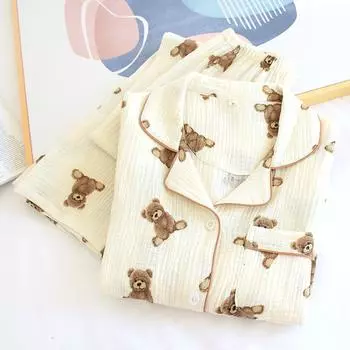 Женские брюки с длинными рукавами, 100% хлопок, пижама, двухслойная марлевая домашняя одежда, креп, дышащая пижама с принтом мультяшного медведя M