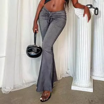 Женские брюки с драпировкой, однотонные, с завязками, с высокой талией, повседневные расклешенные брюки S серый