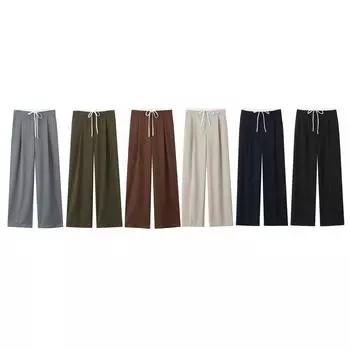 Женские брюки с двойной талией, шикарные прямые брюки с широкими штанинами, для поездок на работу, для отдыха, элегантные женские M чёрный