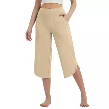 Женские брюки с карманами Брюки-капри для женщин Леггинсы для йоги Свободные укороченные тренировочные брюки с высокой талией Летние L бежевый