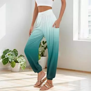 Женские брюки с карманами и шнурком, повседневные брюки с высокой талией и градиентным принтом для занятий йогой M