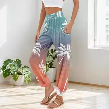 Женские брюки с карманами и завязками на талии, повседневные брюки с гавайским принтом для занятий йогой L