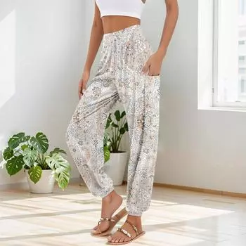 Женские брюки с карманами и завязками на талии, повседневные брюки для йоги в стиле бохо с принтом M бежевый