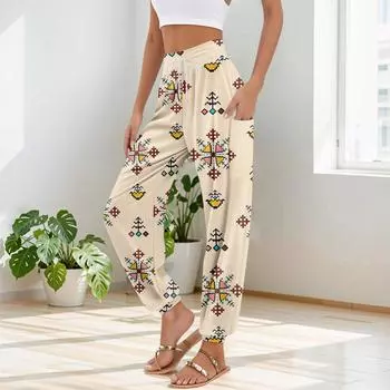 Женские брюки с карманами и завязками на талии, повседневные брюки для йоги в стиле бохо с принтом XXL