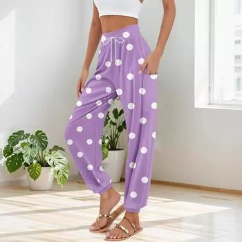 Женские брюки с карманами и завязками на талии, повседневные брюки для йоги с принтом в горошек XL фиолетовый