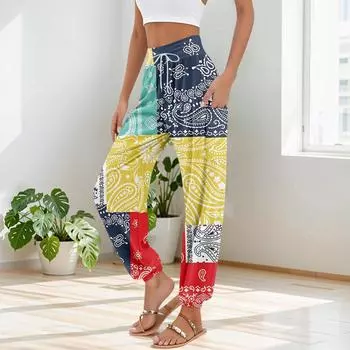 Женские брюки с карманами и завязками на талии, повседневные брюки для йоги в стиле бохо с принтом M тёмно-синий