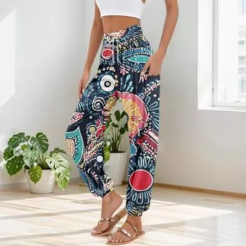 Женские брюки с карманами и завязками на талии, повседневные брюки для йоги в стиле бохо с принтом M