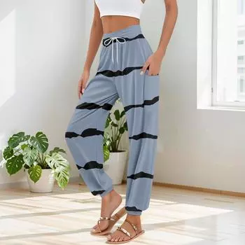 Женские брюки с карманами и завязками на талии, повседневные брюки с принтом в полоску для йоги S циан