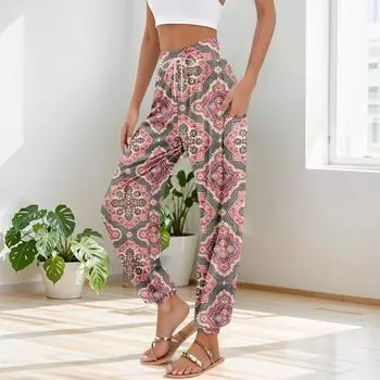 Женские брюки с карманами и завязками на талии, повседневные брюки для йоги в стиле бохо с принтом L винный