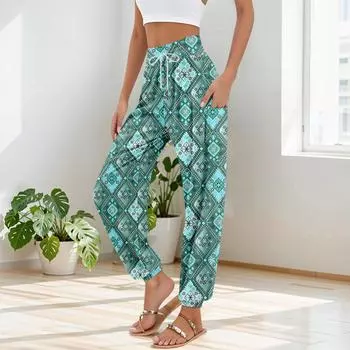 Женские брюки с карманами и завязками на талии, повседневные брюки для йоги в стиле бохо с принтом L