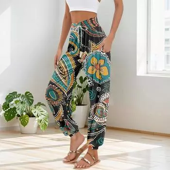 Женские брюки с карманами и завязками на талии, повседневные брюки для йоги в стиле бохо с принтом L
