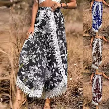 Женские брюки с кружевным принтом, повседневные эластичные брюки с прямой талией и высокой талией, эластичные брюки S винный