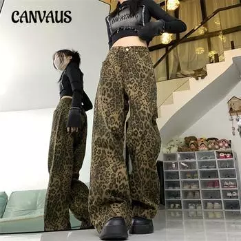 Женские брюки с леопардовым принтом в стиле ретро, широкие джинсы, весна и осень, Spice Girls, хай-стрит, свободные прямые брюки, повседневные брюки до пола XS цветной печати леопарда