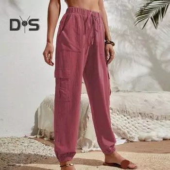 Женские брюки с несколькими карманами, высокой резинкой на талии, свободные, однотонные, мягкие, дышащие, повседневные, длинные брюки с резинкой на щиколотке XL светло-коричневого