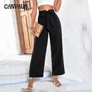 Женские брюки с поясом. Брюки для работы в пригородном стиле. Широкие брюки с высокой талией. Повседневные брюки. S чёрный