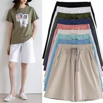 Женские брюки с пятью точками, свободные шорты, летние тонкие брюки с высокой талией, повседневные брюки большого размера, широкие брюки с пятью точками M белый